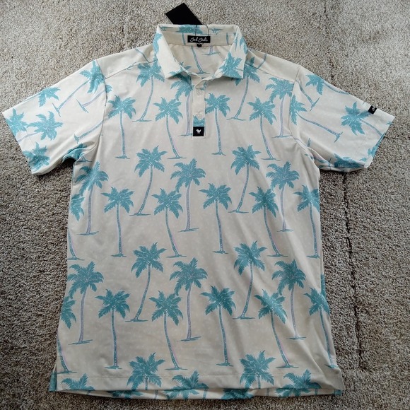Bad‎ Birdie Shirt Mens Medium Green Beige Chasin' Shades Palm Trees Golf Polo
